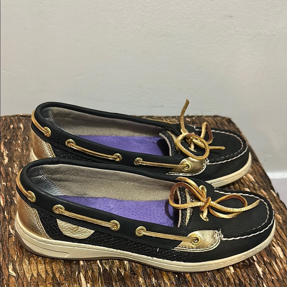 Sperry Black and Gold Loafers with Moccasin Stitching